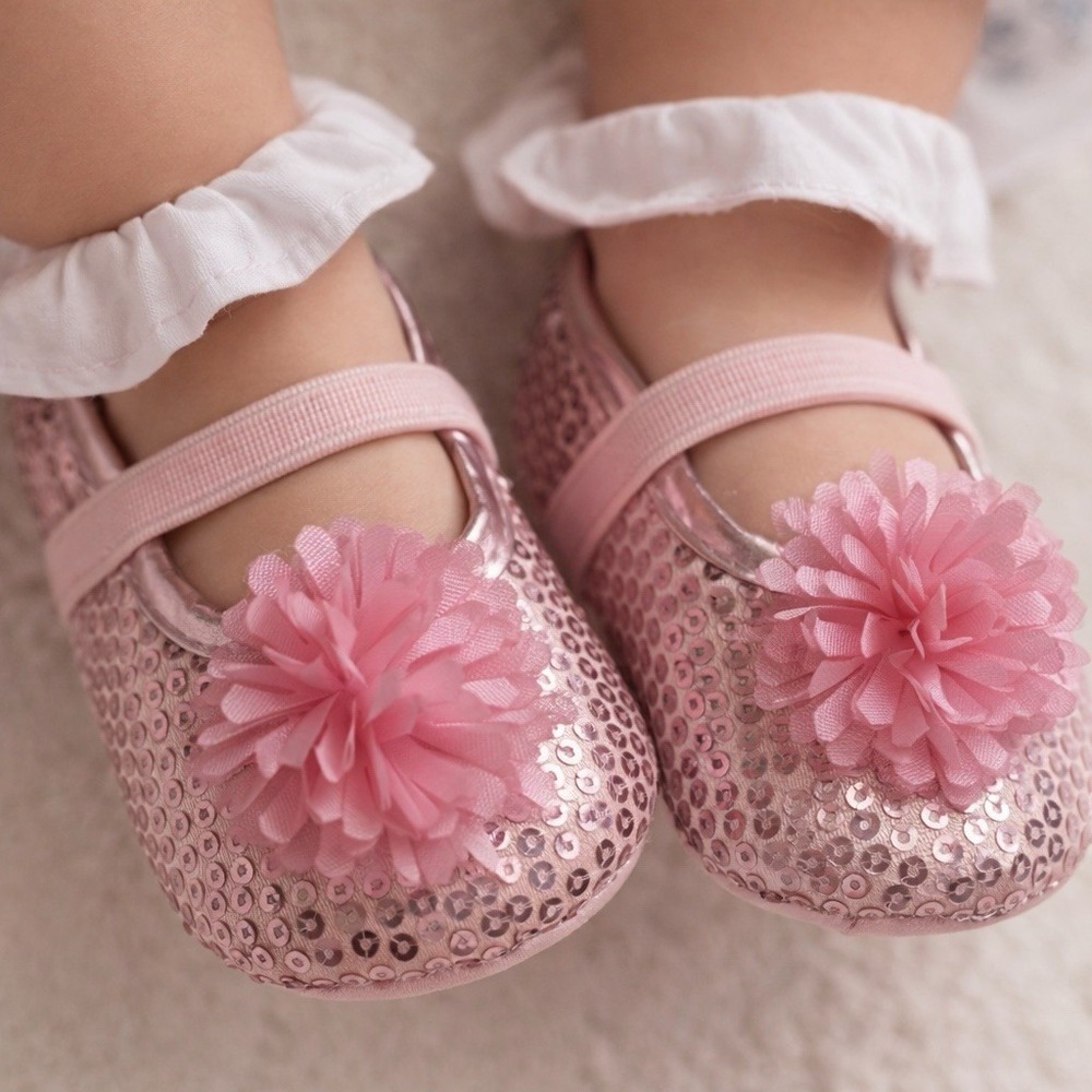 ESPRIT Pink Sequin Fairy Baby Shoes 6-12 Months Floral Rosette Princess Ballet